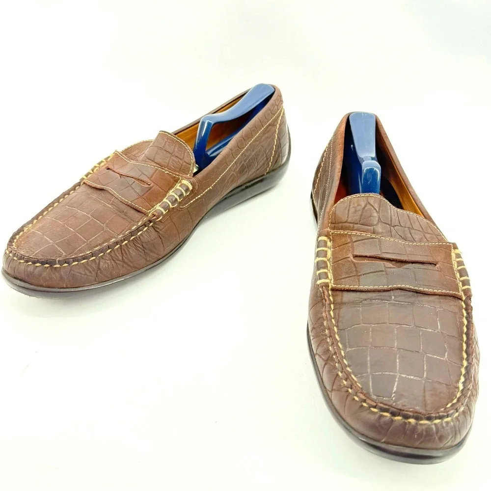 Martin Dingman Leather Penny Loafers Mens 10.5 M Brown Croc Embossed